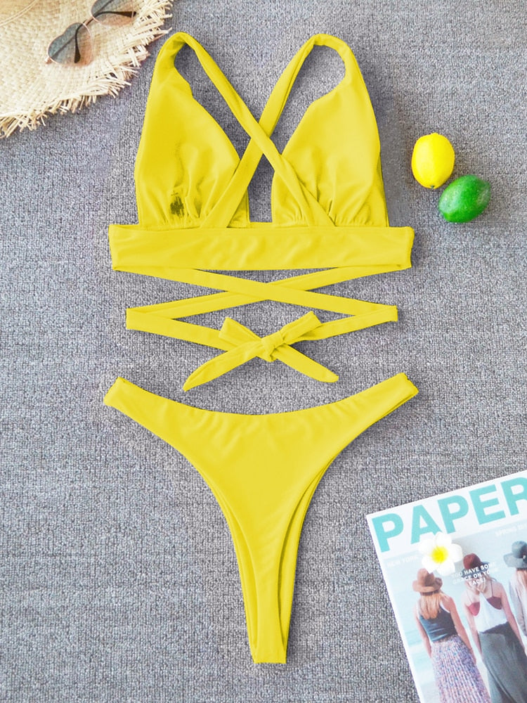 2 Piece Solid Swimsuit Swimwear Push Up Bikini Set Cross Bandage Bathing Suit Beach Wear Swimming Suit The Clothing Company Sydney