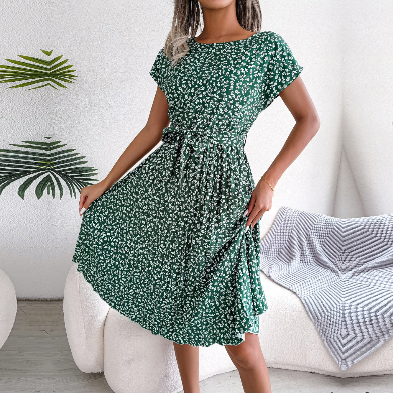 Floral Pleated A Line Long Dress Spring Summer Short Sleeve High Waist Chic Dress The Clothing Company Sydney