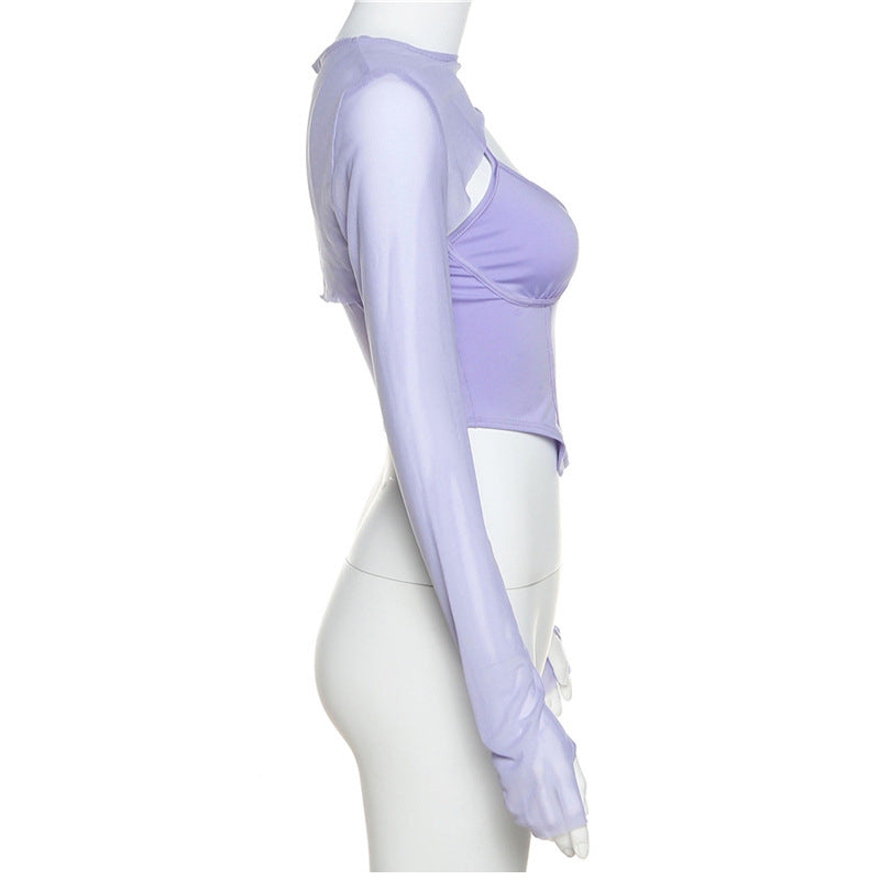 Summer Long Sleeve Crop Top T-shirt Bustier Corset And Mesh Top Two Piece Tee Shirt Sexy Fashion Y2K Top The Clothing Company Sydney