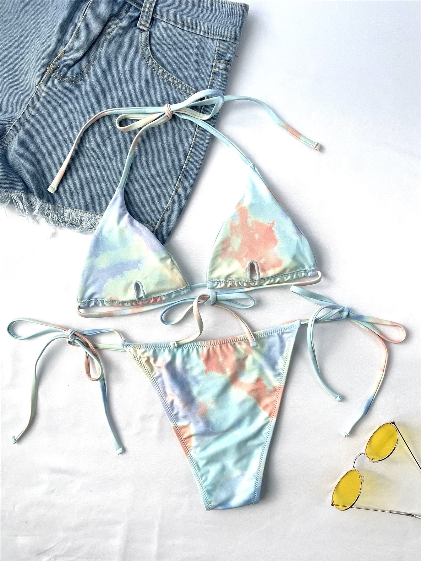 2 Piece Tie Dye Micro Triangle Halter Tie Side Bikini Swimsuit Swimwear Bikini Set Summer Beach Bathing Suit The Clothing Company Sydney