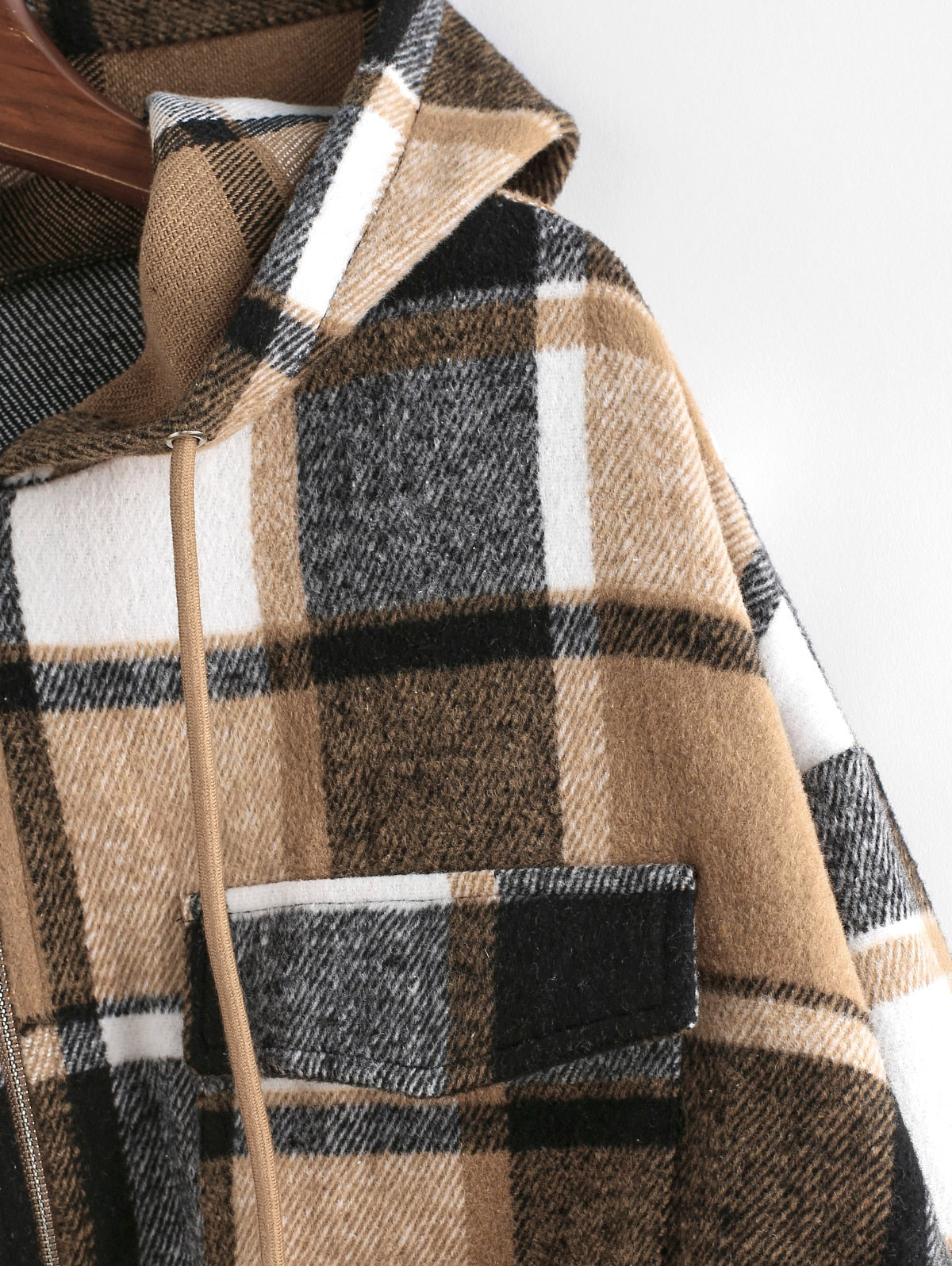 Plaid Flannel Flap Pocket Zip Hooded Jacket Women's Drop Shoulder Coat Zip Up Short Jacket Winter Outwear The Clothing Company Sydney