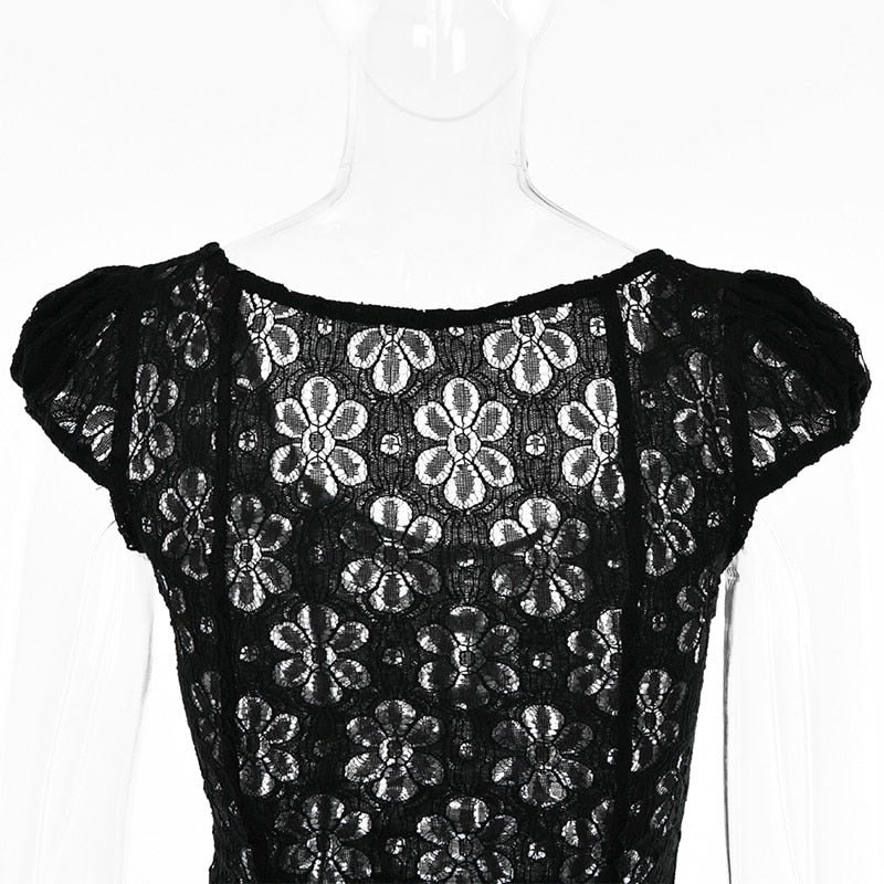 Square Neck Black White Mini Summer High Waist Short Sleeve Beachwear Bodycon Hollow Out Sundress Dress The Clothing Company Sydney