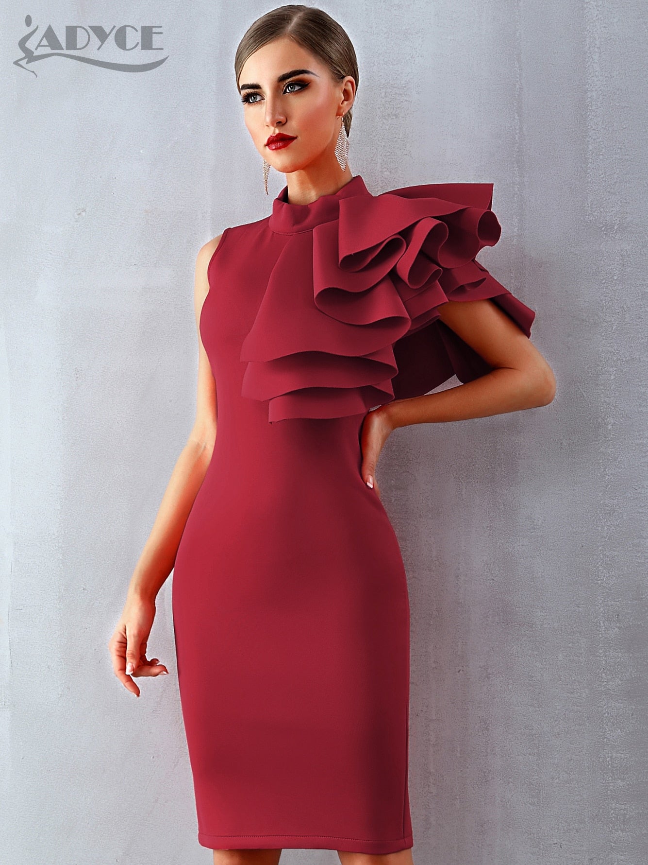 Summer Wine Red Celebrity Evening Runway Party Dress Sleeveless Ruffles Bodycon Midi Night Club Dress The Clothing Company Sydney