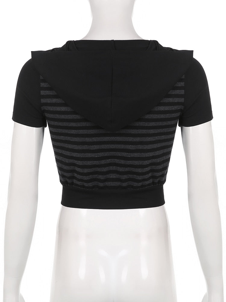 Grunge Goth Stripe Hooded Female T-shirt Zipper Y2K Crop Top Dark Academia Basic Summer Tee Outfits Vintage Top The Clothing Company Sydney