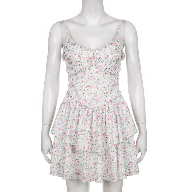 French Romantic Strap Floral Printing Summer Fashion Chic Ruffles Pleated Dress Mini Double Layer Dress The Clothing Company Sydney