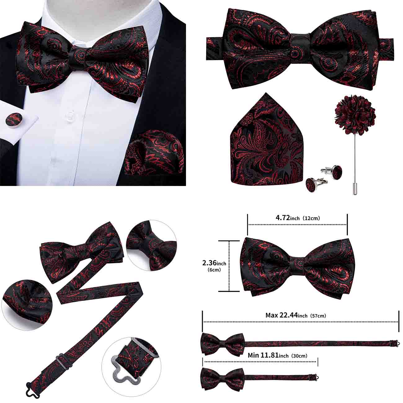 Wedding Bow Tie for Men Classic Red Pre-tied Bowtie Cufflinks Corsage Set for Party Silk Butterfly Knot Gift Set The Clothing Company Sydney