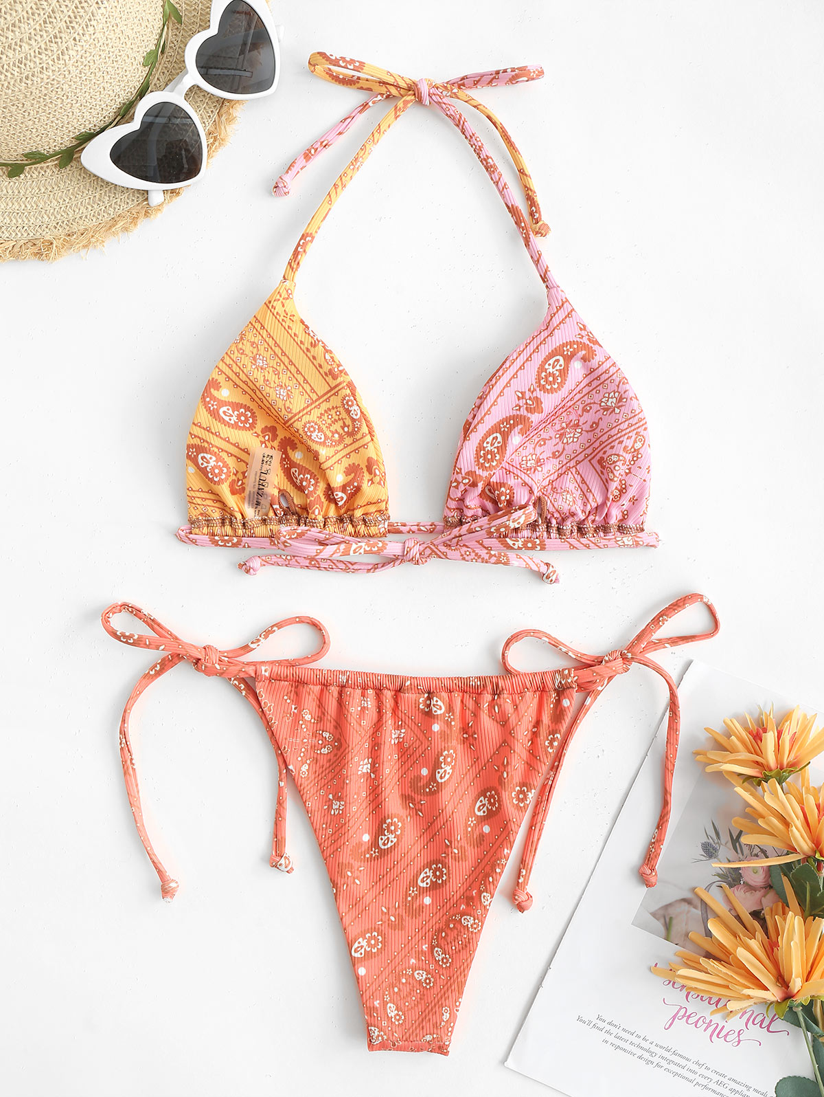 Two Piece Swimwear Ribbed Bohemian Paisley Print String Halter Bikini Set Women Tie Side Swimsuit Colorblock Bathing Suit The Clothing Company Sydney