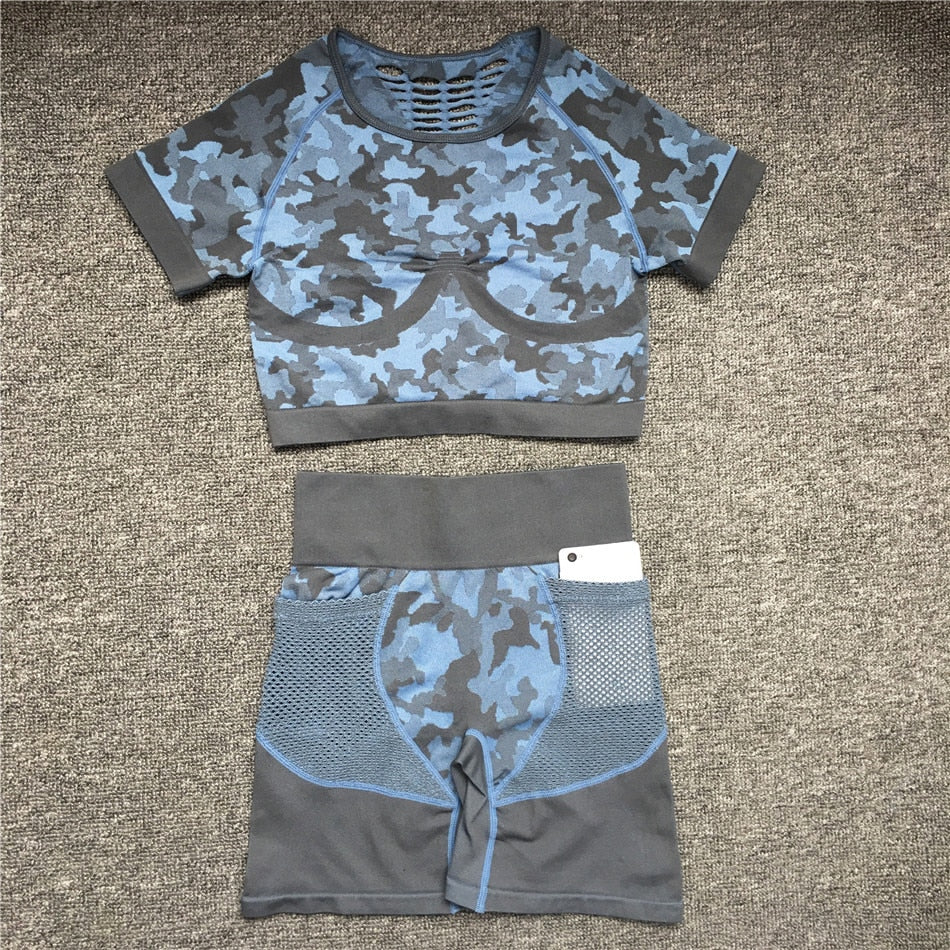 2PCS Camouflage Set Women Yoga Suit Sport Set Gym Workout Clothes Long Sleeve Fitness Crop Top High Waist Seamless Camo Leggings The Clothing Company Sydney