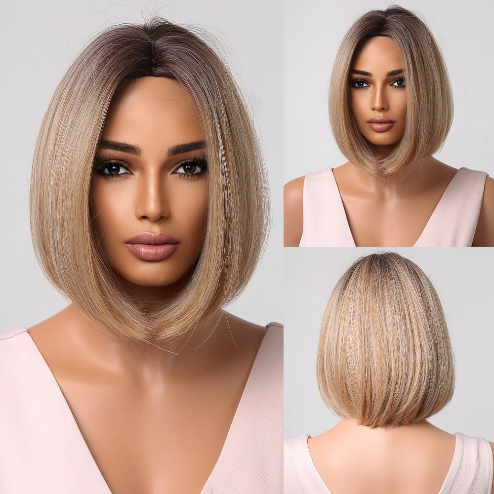 Short Straight Synthetic Wigs for Women Blonde to Brown Ombre Bob Wigs with Bangs Daily Cosplay Party Heat Resistant Wigs The Clothing Company Sydney