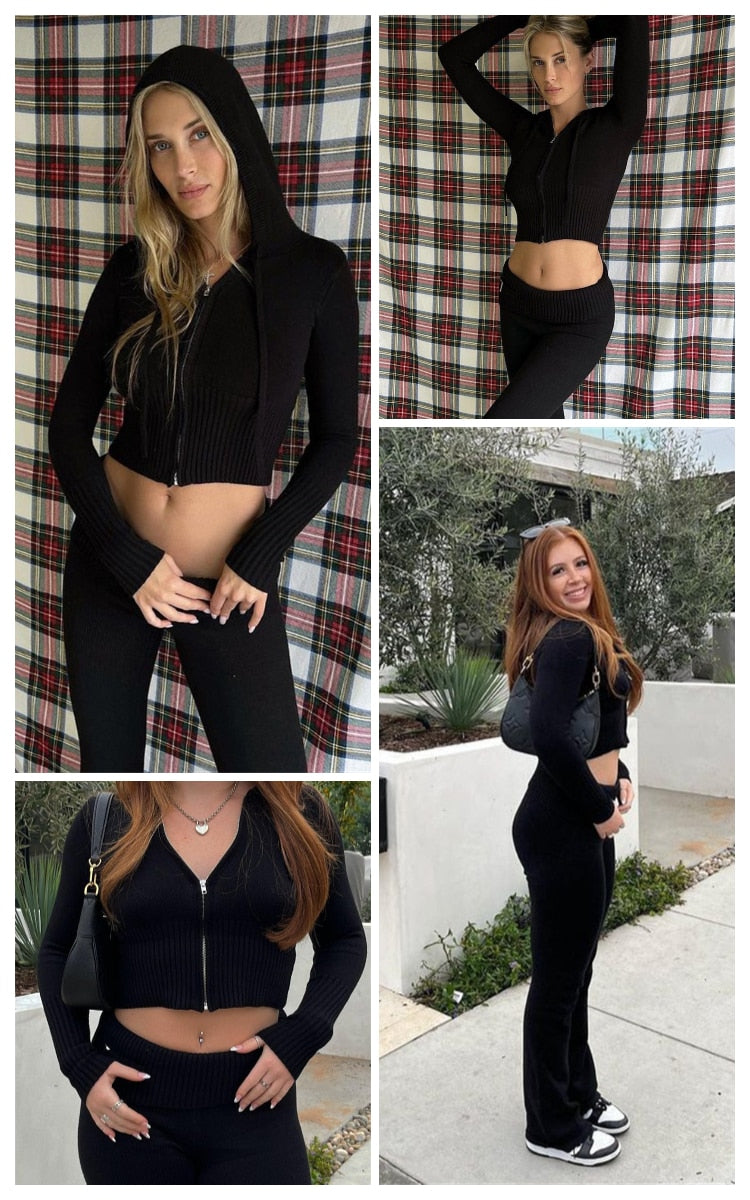 Women's Spring Outfits Casual Zipper Sweater Hoodie Set High Waist Flare Pants Suits Pink Knitted Y2k Two Piece Set The Clothing Company Sydney