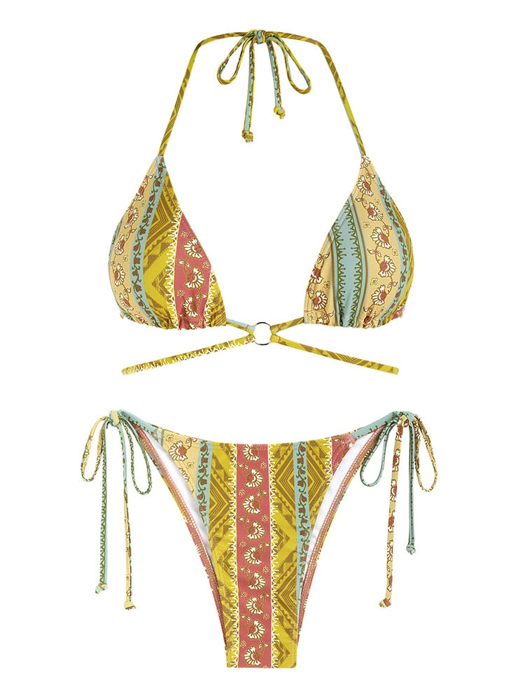 Two Piece Swimwear Ribbed Bohemian Paisley Print String Halter Bikini Set Women Tie Side Swimsuit Colorblock Bathing Suit The Clothing Company Sydney
