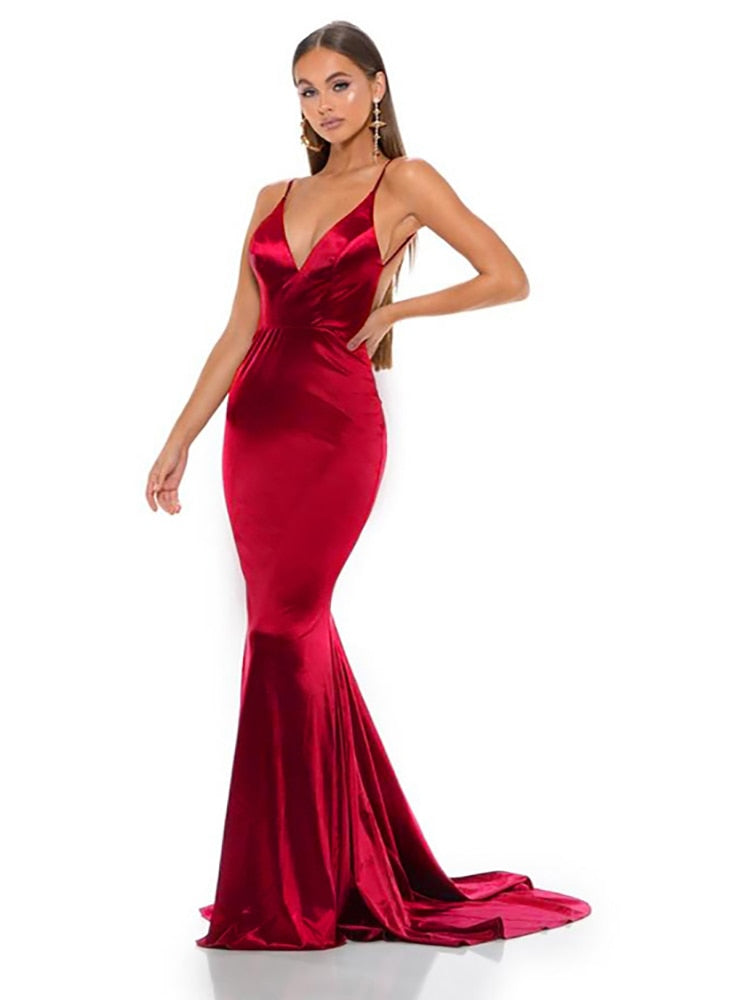 Backless Satin Evening Gown Strappy Deep V Neck Floor Length Prom Padded Stretch Formal Cocktail Wedding Party Dresses The Clothing Company Sydney