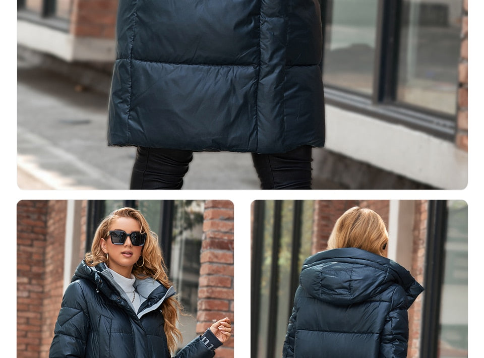 Women's down Jacket Long Classic zipper design Big Pocket Stand Collar Hooded Slim coat Women Parkas The Clothing Company Sydney