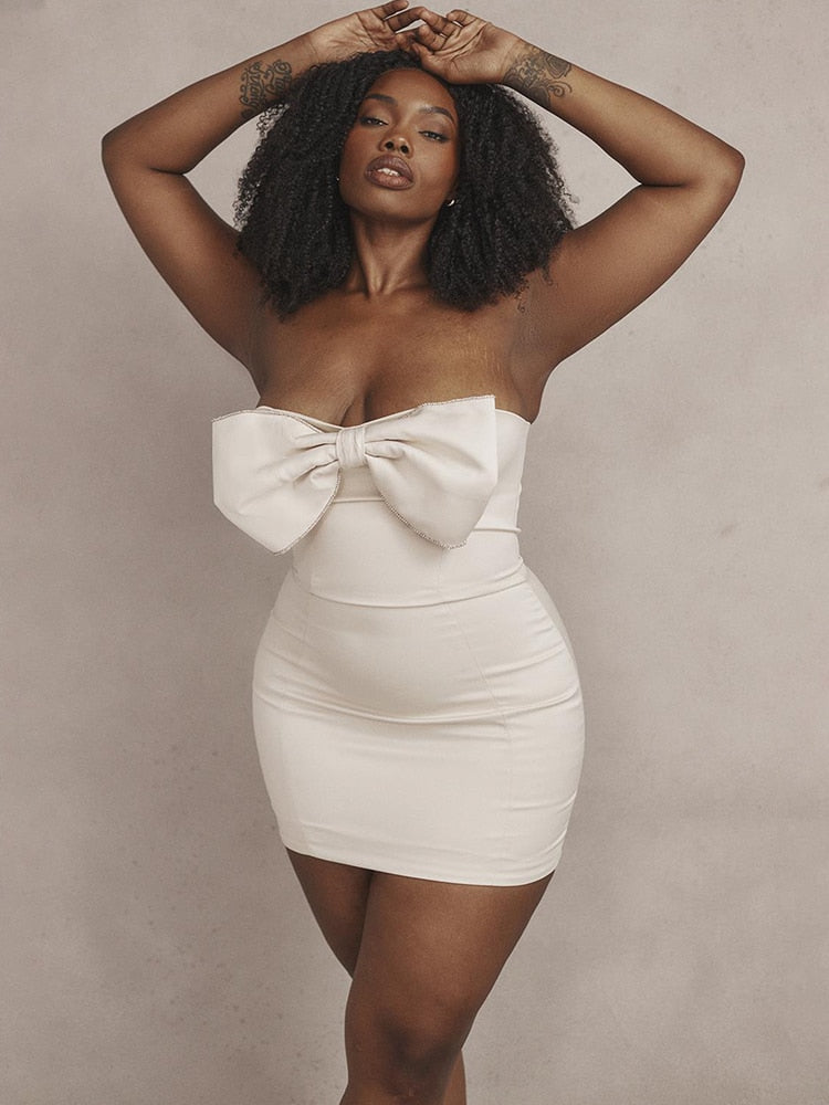 Satin Strapless White Bodycon Dress Mini Diamonds Bow Wedding Guest Night Party Dresses Summer Women's Dress The Clothing Company Sydney