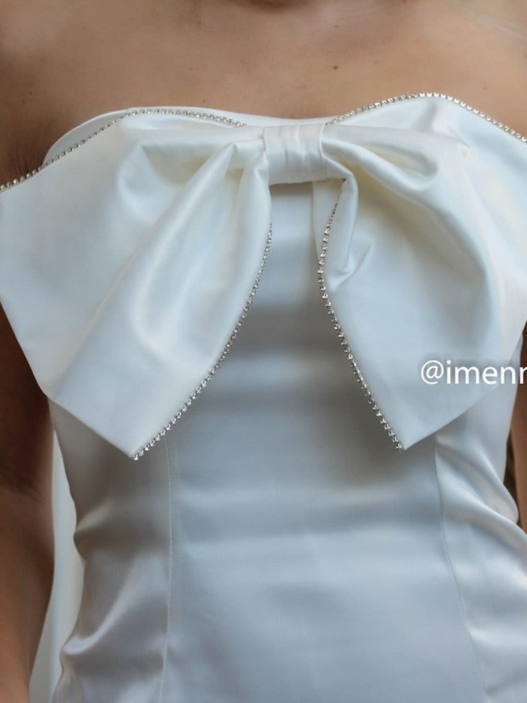Satin Strapless White Bodycon Dress Mini Diamonds Bow Wedding Guest Night Party Dresses Summer Women's Dress The Clothing Company Sydney