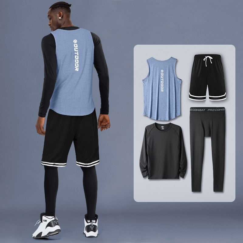 4 Piece/Set Men's Basketball Tracksuit Gym Fitness Compression Sports Suit Running Jogging Sport Wear Exercise Workout Tights Shorts The Clothing Company Sydney