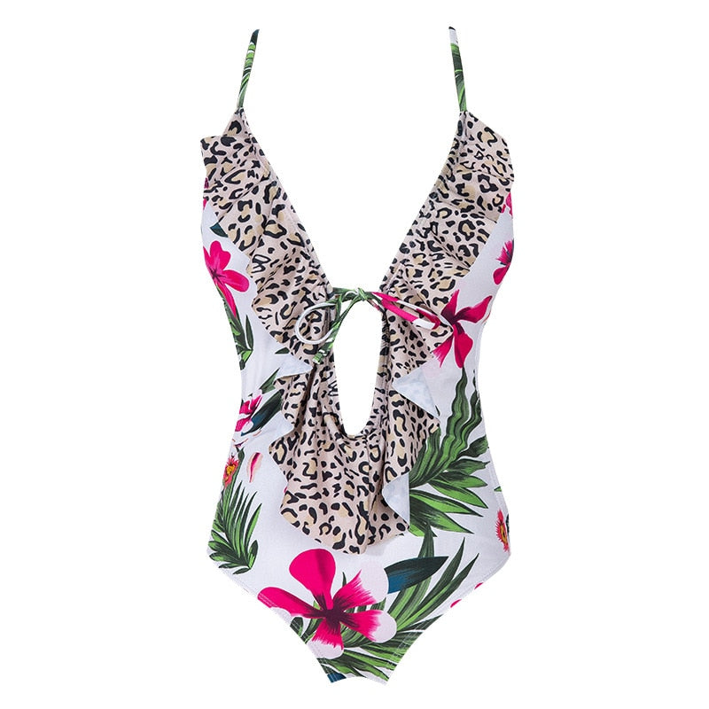 Push Up Bra High Waist V Neck Skinny Bikini Holiday Swimwear Flamingo Ruffle Print One Piece Swimsuit The Clothing Company Sydney