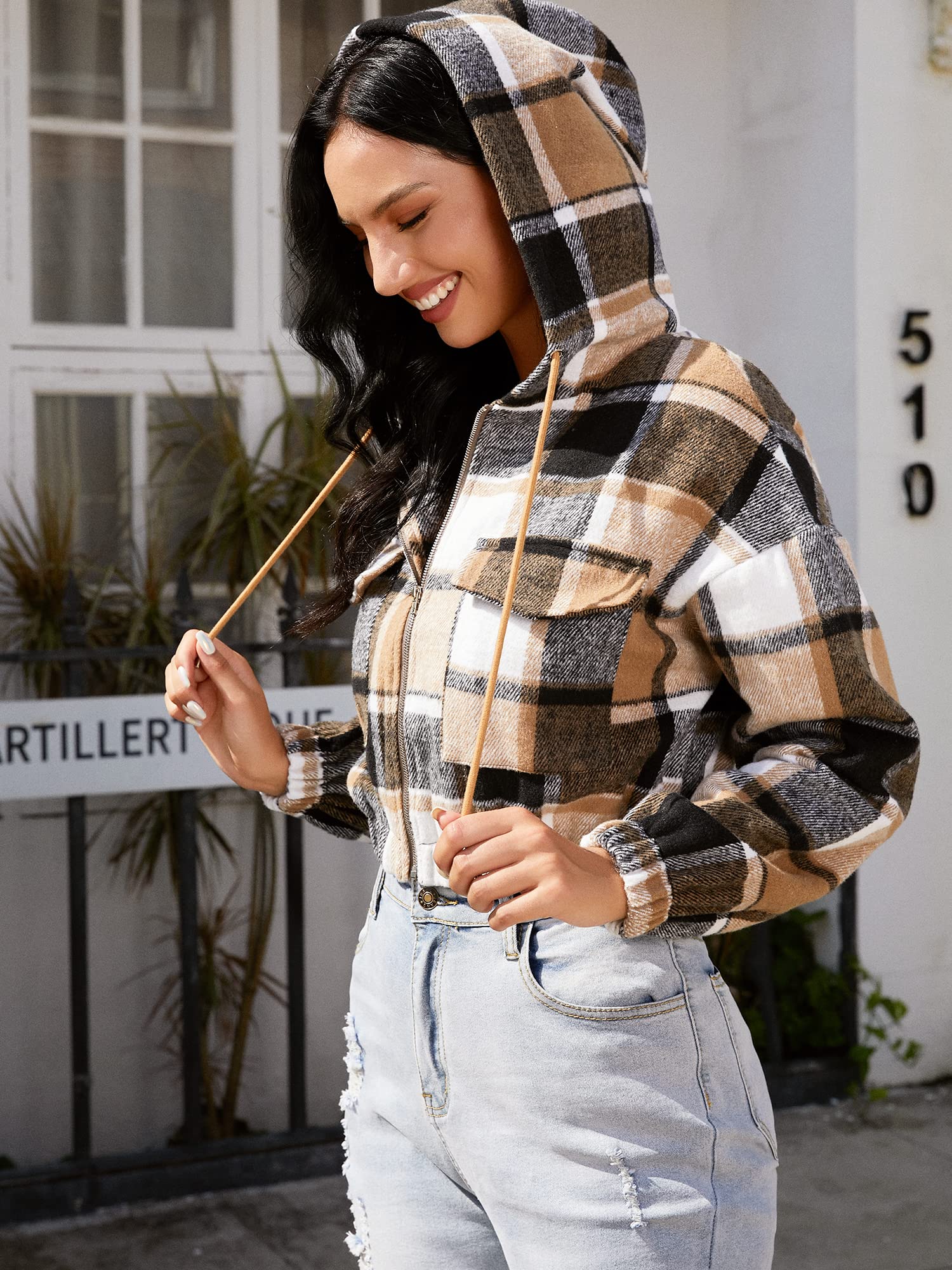 Plaid Flannel Flap Pocket Zip Hooded Jacket Women's Drop Shoulder Coat Zip Up Short Jacket Winter Outwear The Clothing Company Sydney