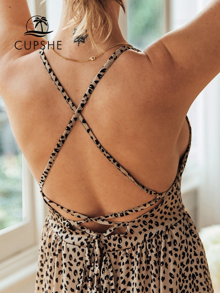 Leopard Lace Up Backless Cover Up V-neck Loose Holiday Beach Slip Dress Summer Maxi Dress Beachwear The Clothing Company Sydney