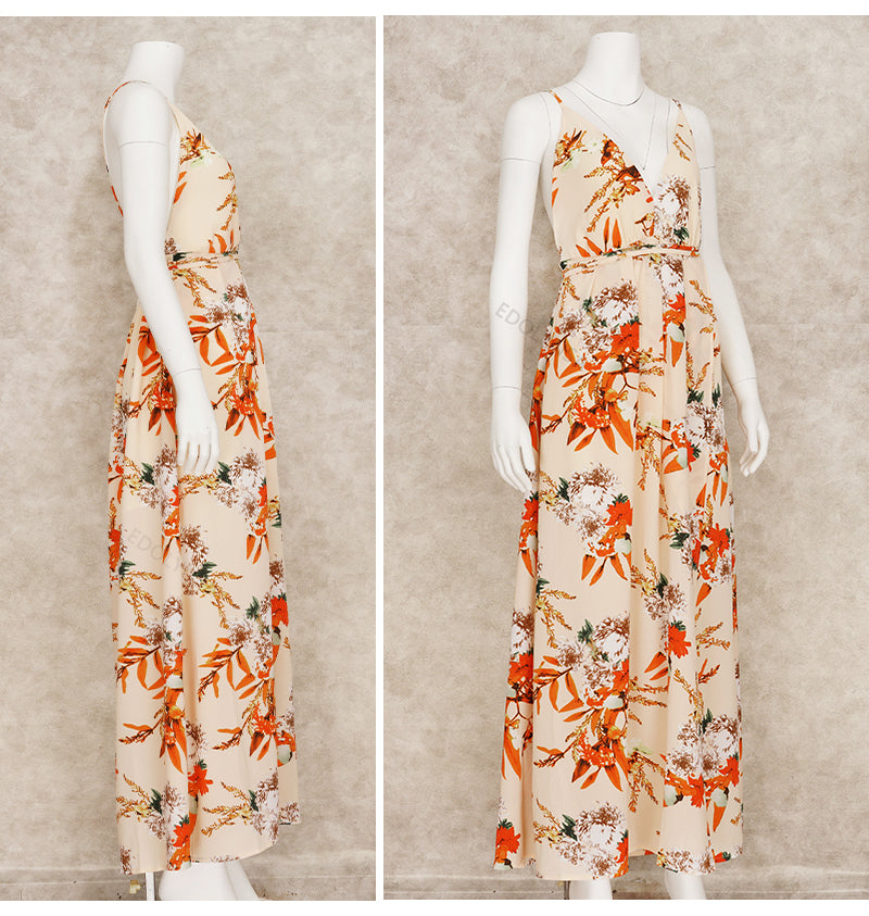 Elegant Ladies Print Spaghetti Strap Beach Holiday High Waist A-line Dress Casual Summer Split Dress The Clothing Company Sydney