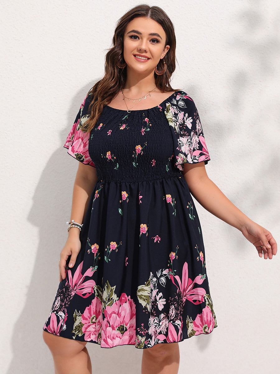 Allover Floral Print Shirred Midi Dress Plus Size Lantern Sleeve High Waist Dresses Summer Dress The Clothing Company Sydney