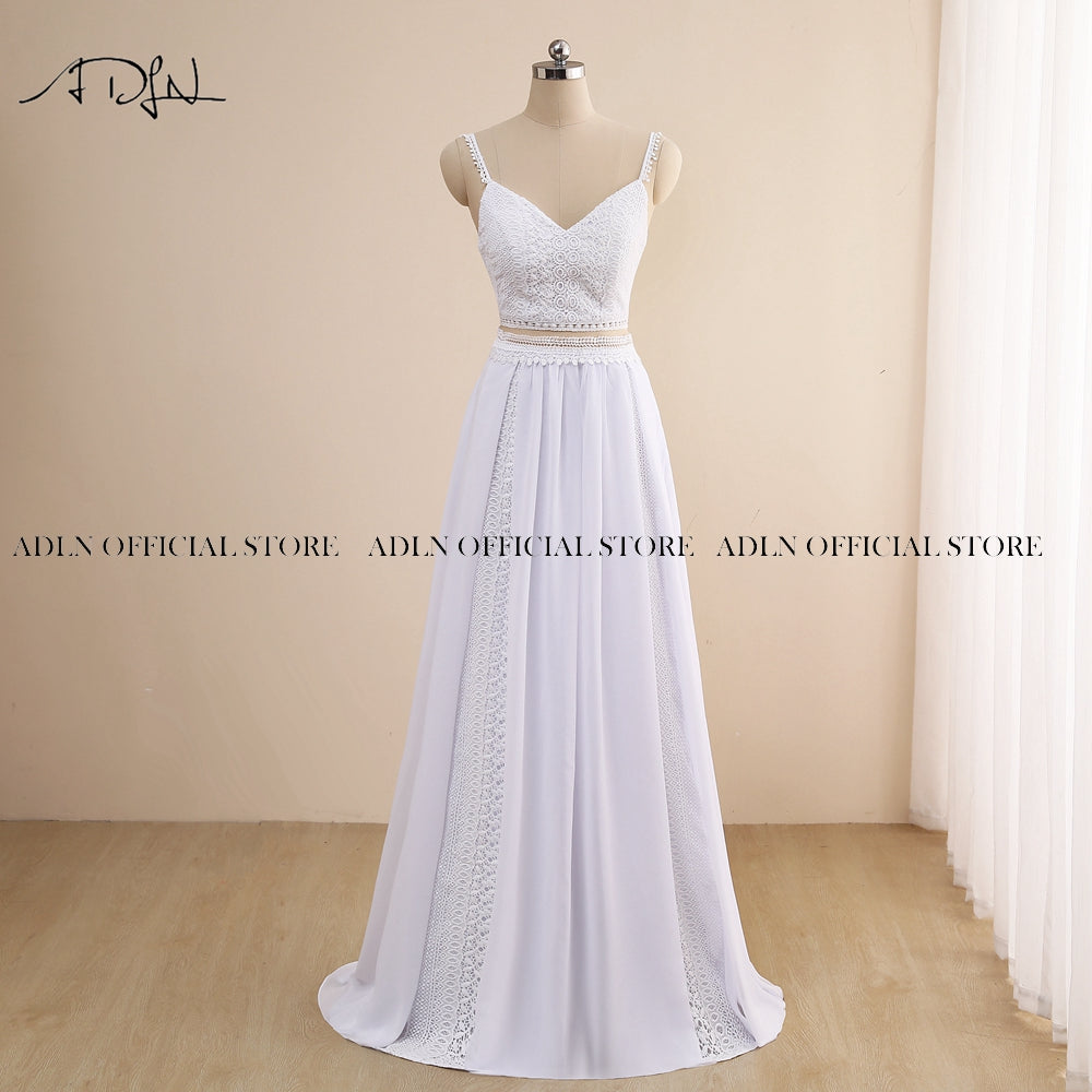 Charming Two Piece Boho Spaghetti Straps White/Ivory Chiffon Beach Bridal Gown Wedding Dress The Clothing Company Sydney
