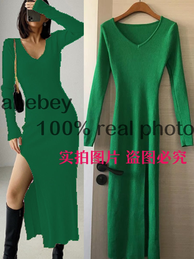Long Sleeve slit sweater dress slim tight fitting hip knit over the knee dresses The Clothing Company Sydney