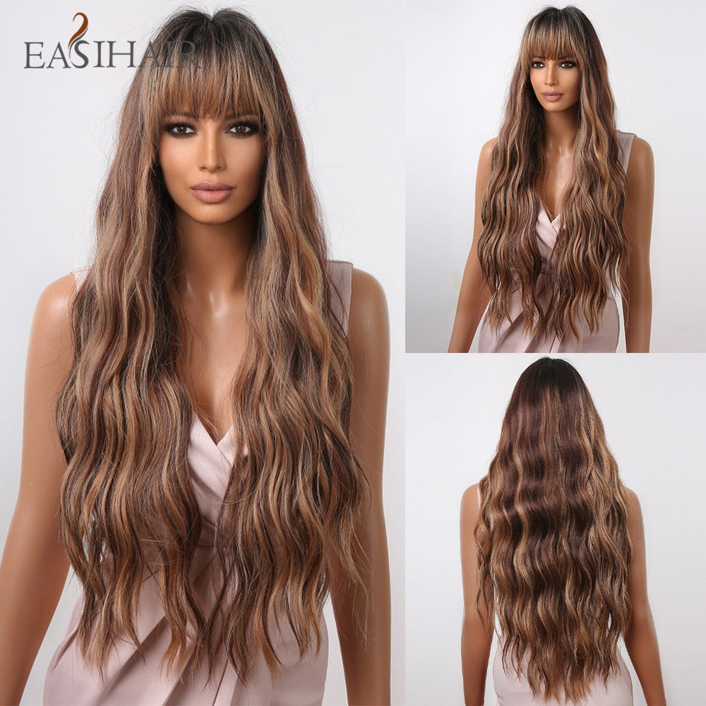 Ombre Gray Ash Wavy Wigs with Bang Light Blonde Platinum Synthetic Long Hair for Women Daily Party Heat Resistant Fiber Wigs The Clothing Company Sydney