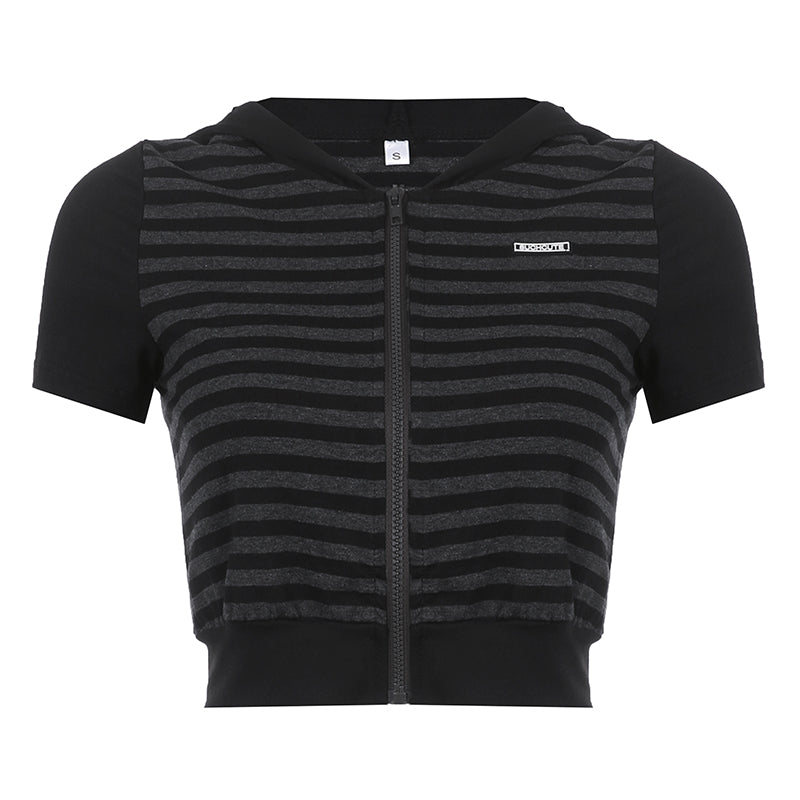 Grunge Goth Stripe Hooded Female T-shirt Zipper Y2K Crop Top Dark Academia Basic Summer Tee Outfits Vintage Top The Clothing Company Sydney