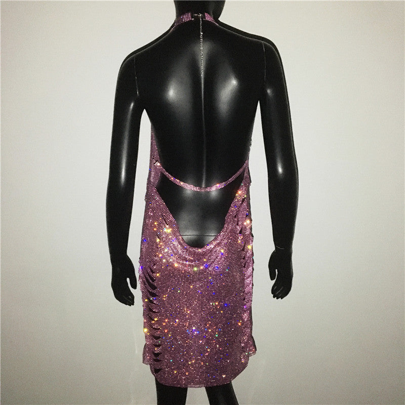 Gold Silver Rhinestone Tassel Chain Dress Women Hip High Split Luxury Party Halter Beach Nightclub Dress The Clothing Company Sydney