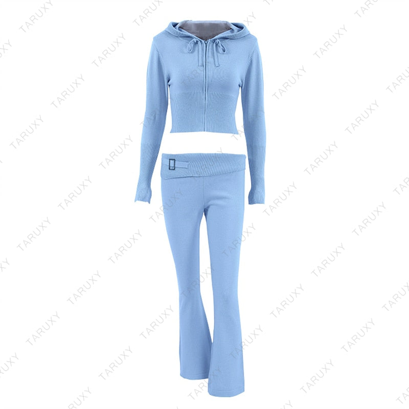 Women's Spring Outfits Casual Zipper Sweater Hoodie Set High Waist Flare Pants Suits Pink Knitted Y2k Two Piece Set The Clothing Company Sydney