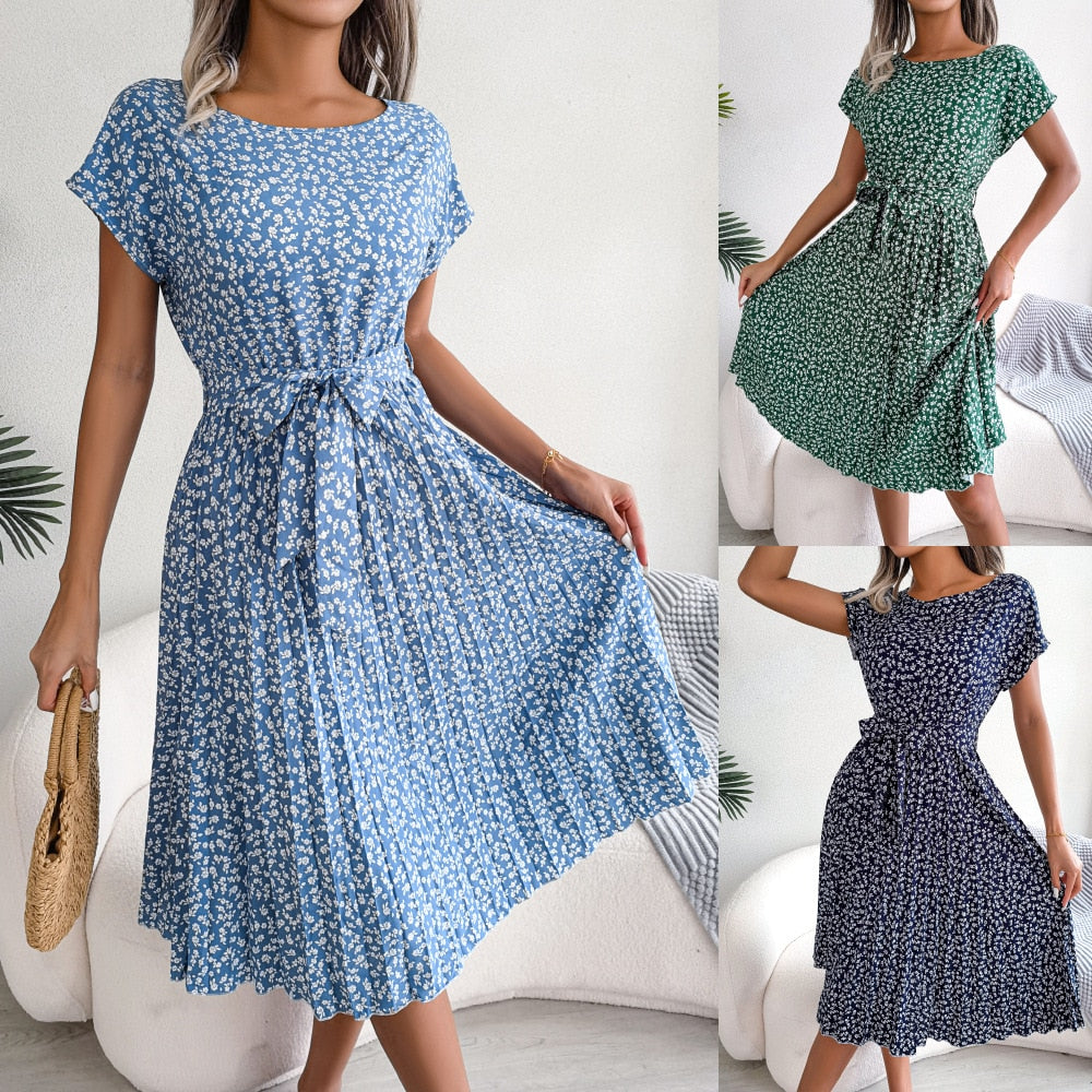 Floral Pleated A Line Long Dress Spring Summer Short Sleeve High Waist Chic Dress The Clothing Company Sydney