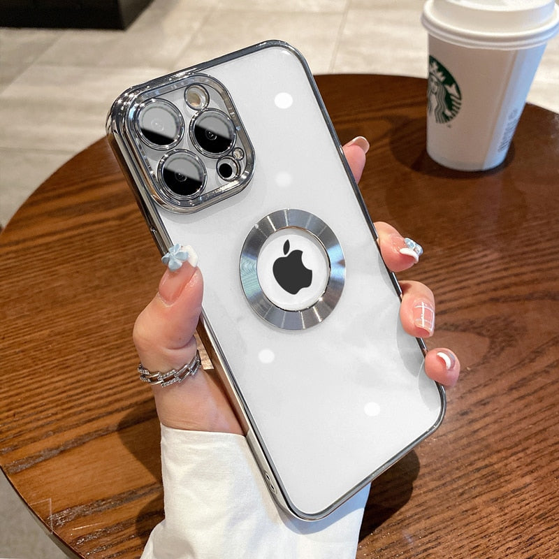 Luxury Square Plating Clear Case For iPhone 13 12 11 Pro Max X XR XS Plus LOGO Hole Hollow Soft Silicone Glass Camera Cover The Clothing Company Sydney