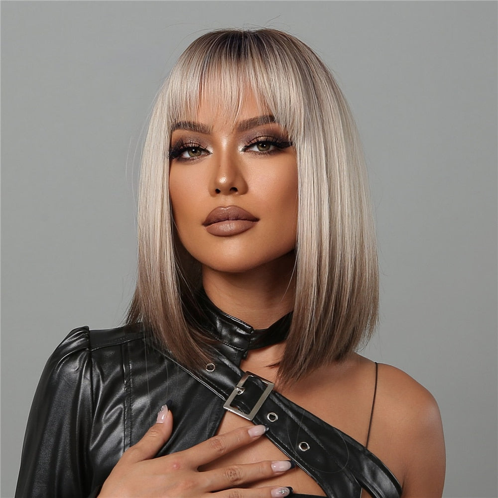 Short Straight Synthetic Wigs for Women Blonde to Brown Ombre Bob Wigs with Bangs Daily Cosplay Party Heat Resistant Wigs The Clothing Company Sydney