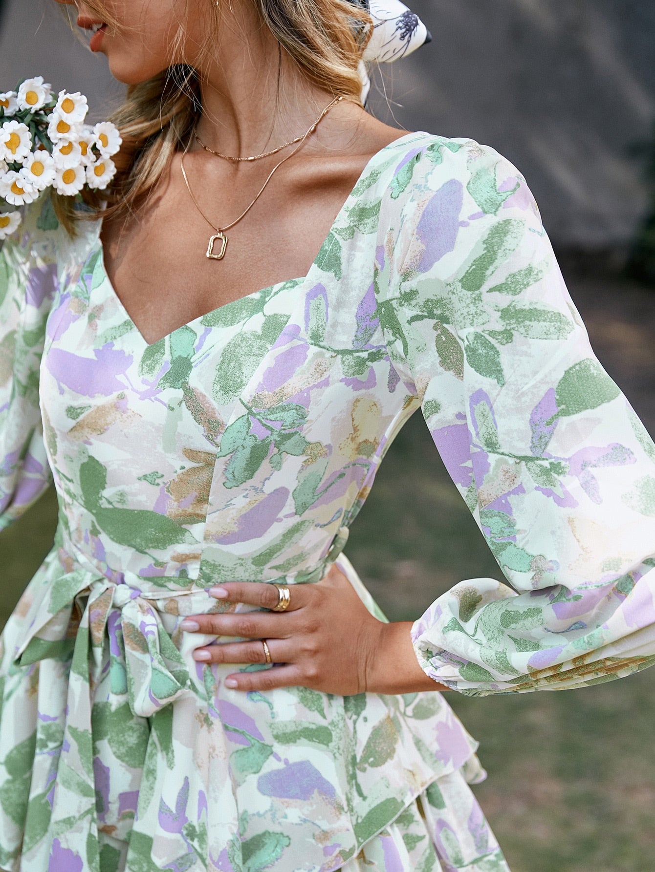 Holiday sash long sleeve ruffle print romper summer Lace up floral short overall A-line v-neck beach rompers The Clothing Company Sydney