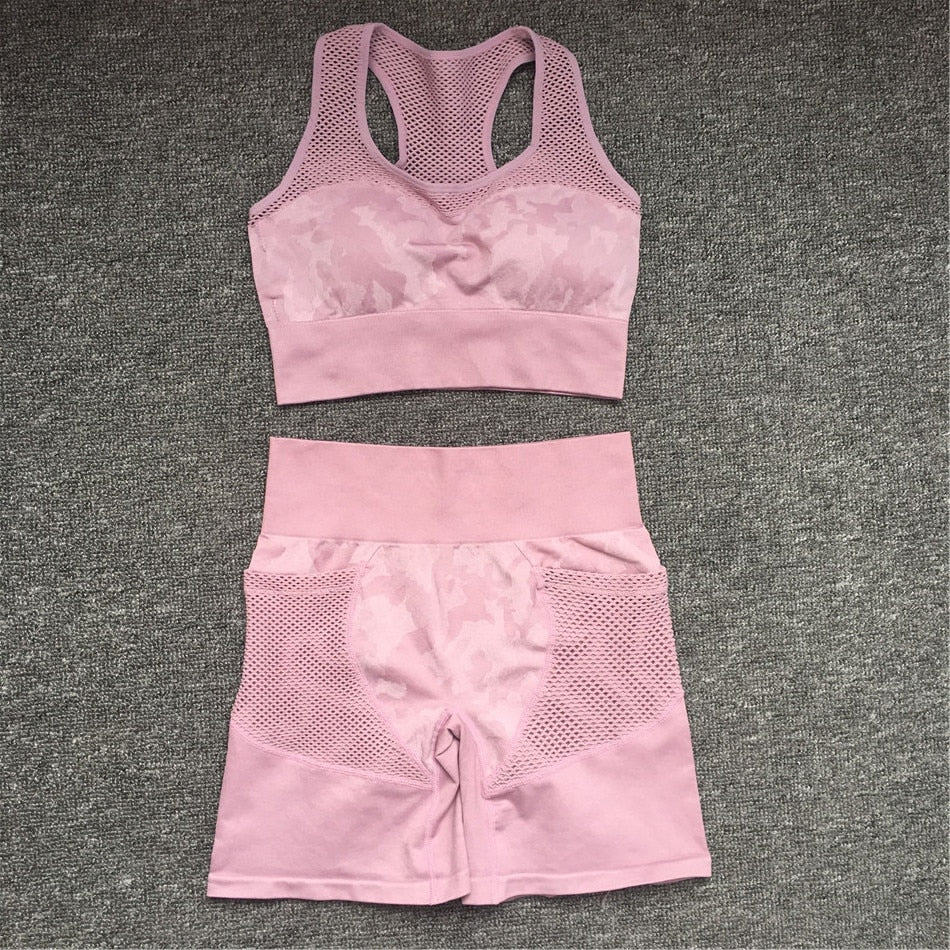 2PCS Camouflage Set Women Yoga Suit Sport Set Gym Workout Clothes Long Sleeve Fitness Crop Top High Waist Seamless Camo Leggings The Clothing Company Sydney