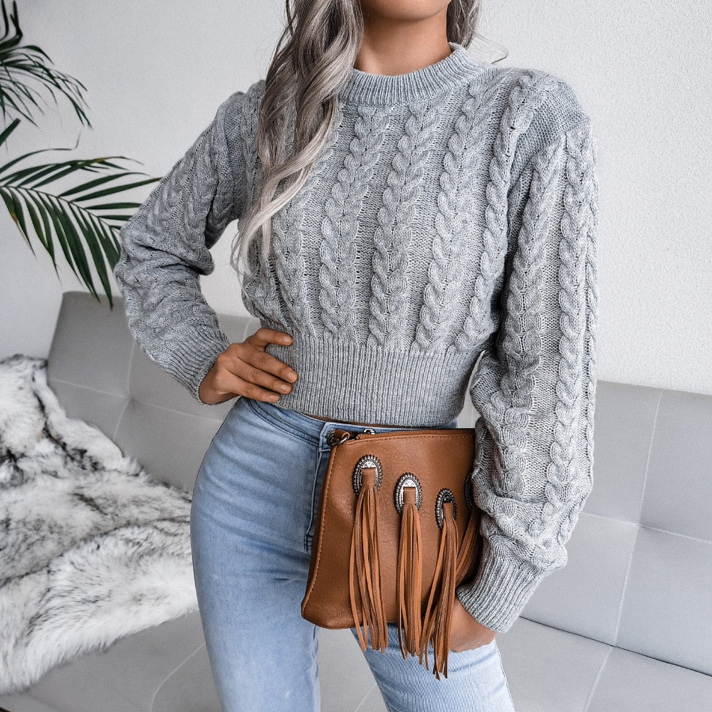 Women's Autumn Winter Long Sleeve Twist Neck Knit Crop Sweater Fashion Slim All Match Pullover Jumper Top The Clothing Company Sydney