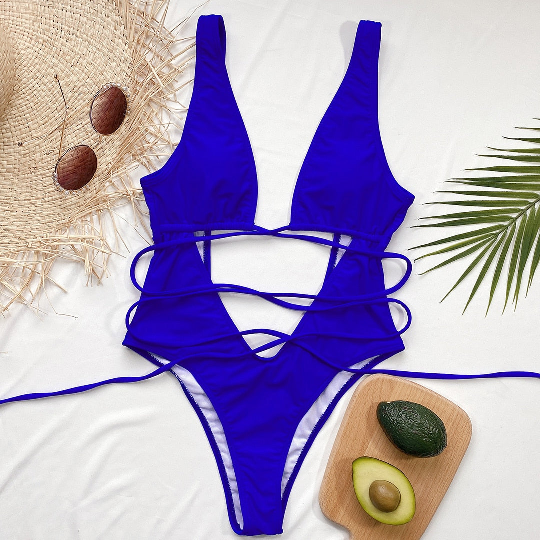 Bandage Wrap Around Tummy Cut Out Deep V Monokini One Piece Swimsuit Swimwear Bather Bathing Suit - The Clothing Company Sydney