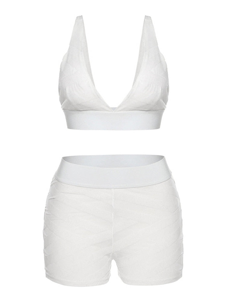 Mesh Sexy 2 Piece Set For Women Solid Patchwork Deep V-Neck Crop Tops+ Skinny High Waist See Through Shorts Outfits The Clothing Company Sydney