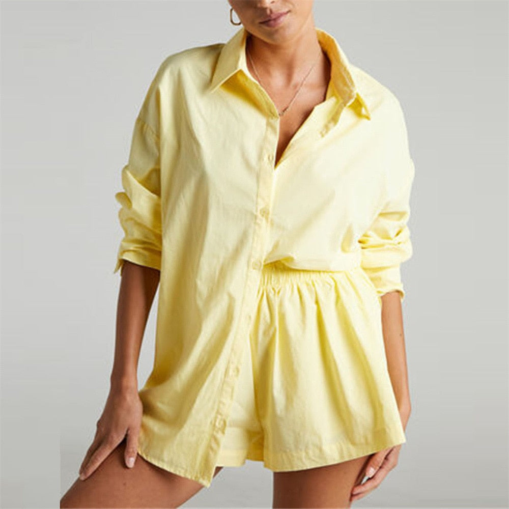 Women's Tracksuits Shirt With Mini Shorts Cotton Two Pieces Sets Fashion Clothing Outfits Blouse Set The Clothing Company Sydney