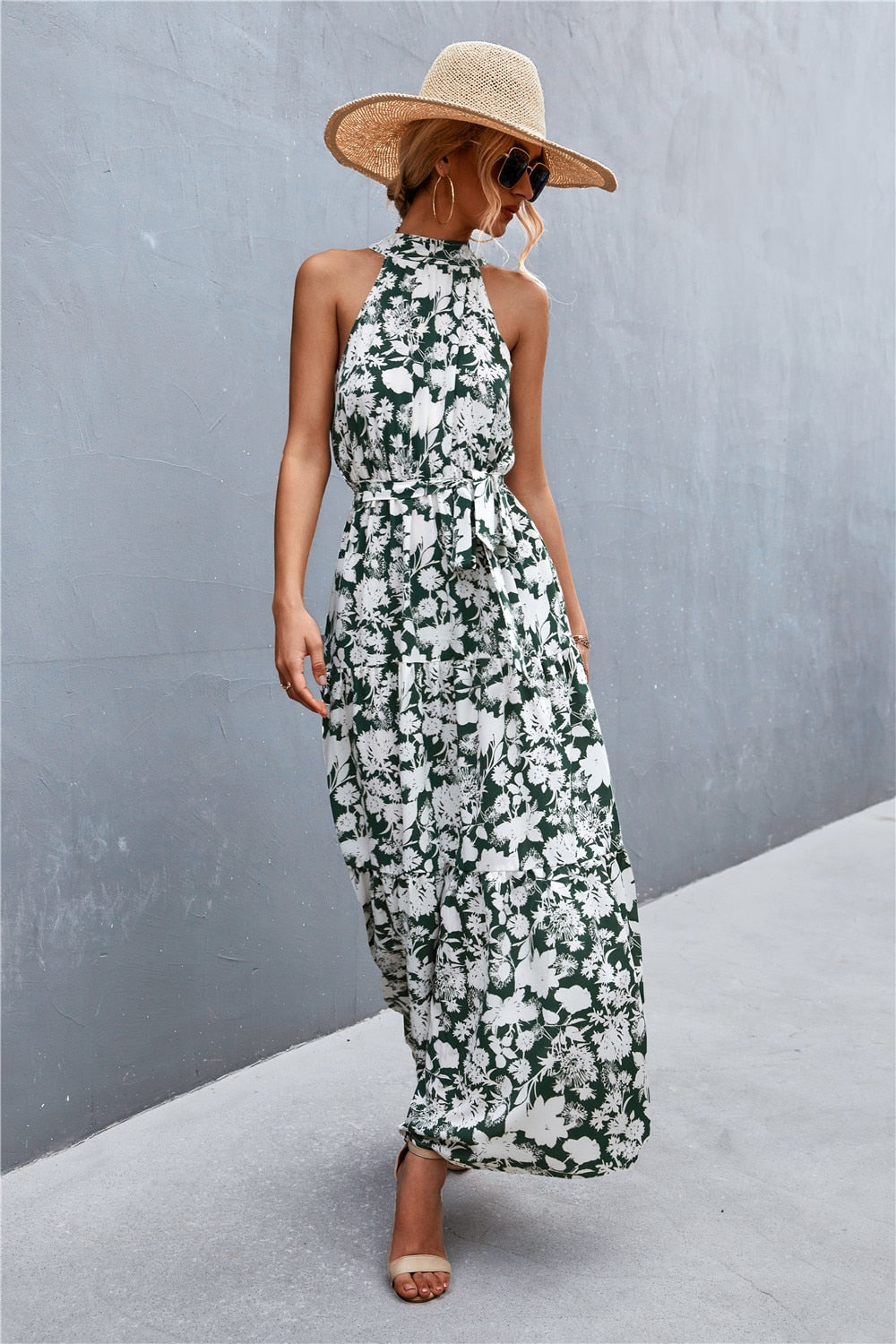 Summer Holiday Flower Printed Folds Blue Dress Beach Casual Neck-mounted Bandage Elegant Party Long Dress The Clothing Company Sydney