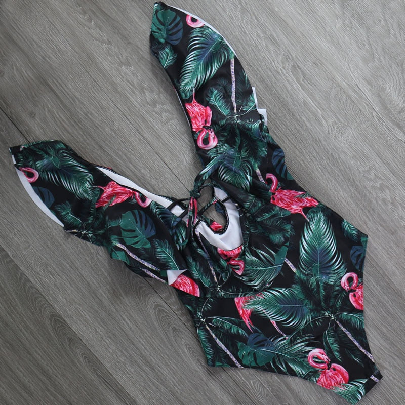 Push Up Bra High Waist V Neck Skinny Bikini Holiday Swimwear Flamingo Ruffle Print One Piece Swimsuit The Clothing Company Sydney