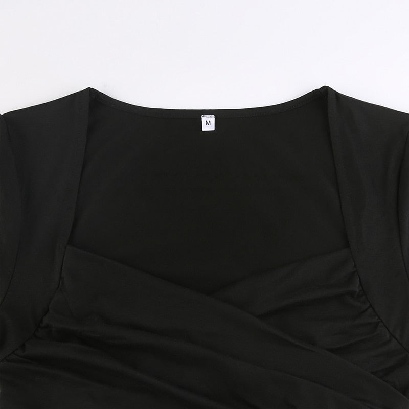 Y2K Cross Crop Top Folds Black Square Collar T Shirt Short Sleeve Square Collar Cute Chic Tee Grunge Tee Retro Top The Clothing Company Sydney