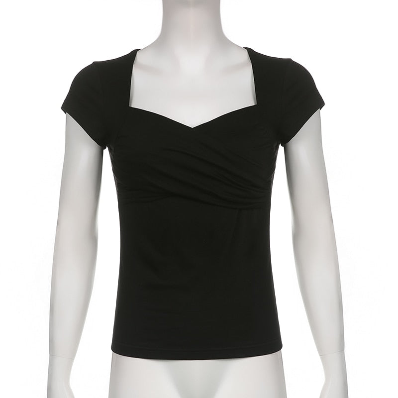 Y2K Cross Crop Top Folds Black Square Collar T Shirt Short Sleeve Square Collar Cute Chic Tee Grunge Tee Retro Top The Clothing Company Sydney