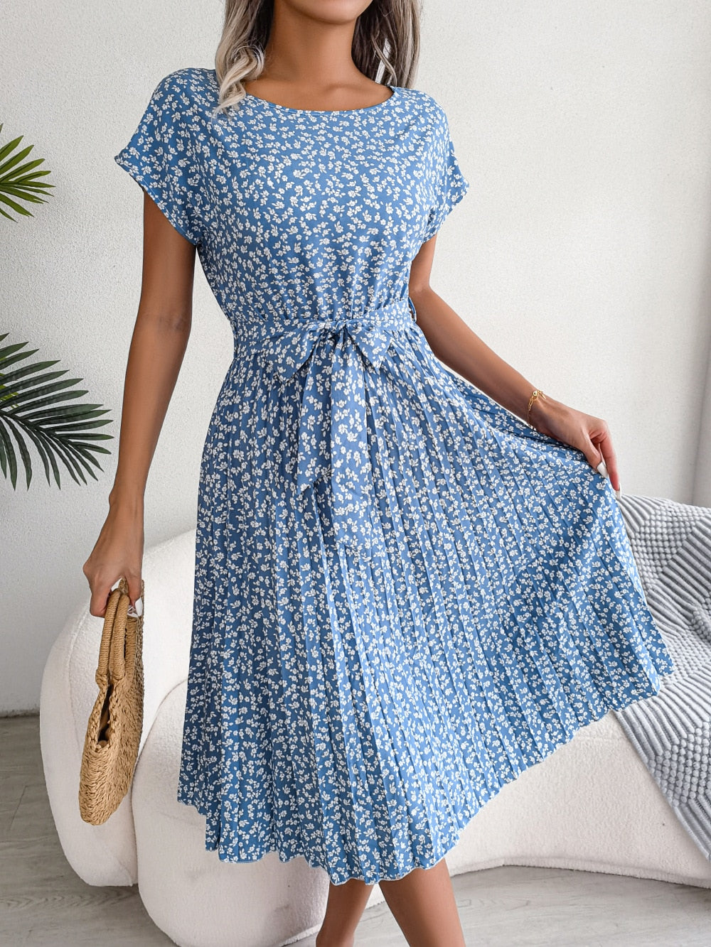 Floral Pleated A Line Long Dress Spring Summer Short Sleeve High Waist Chic Dress The Clothing Company Sydney