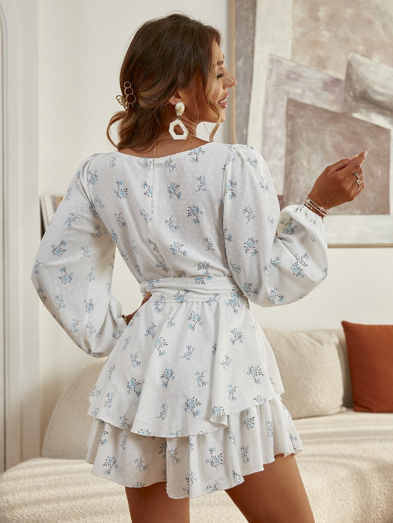 Holiday sash long sleeve ruffle print romper summer Lace up floral short overall A-line v-neck beach rompers The Clothing Company Sydney