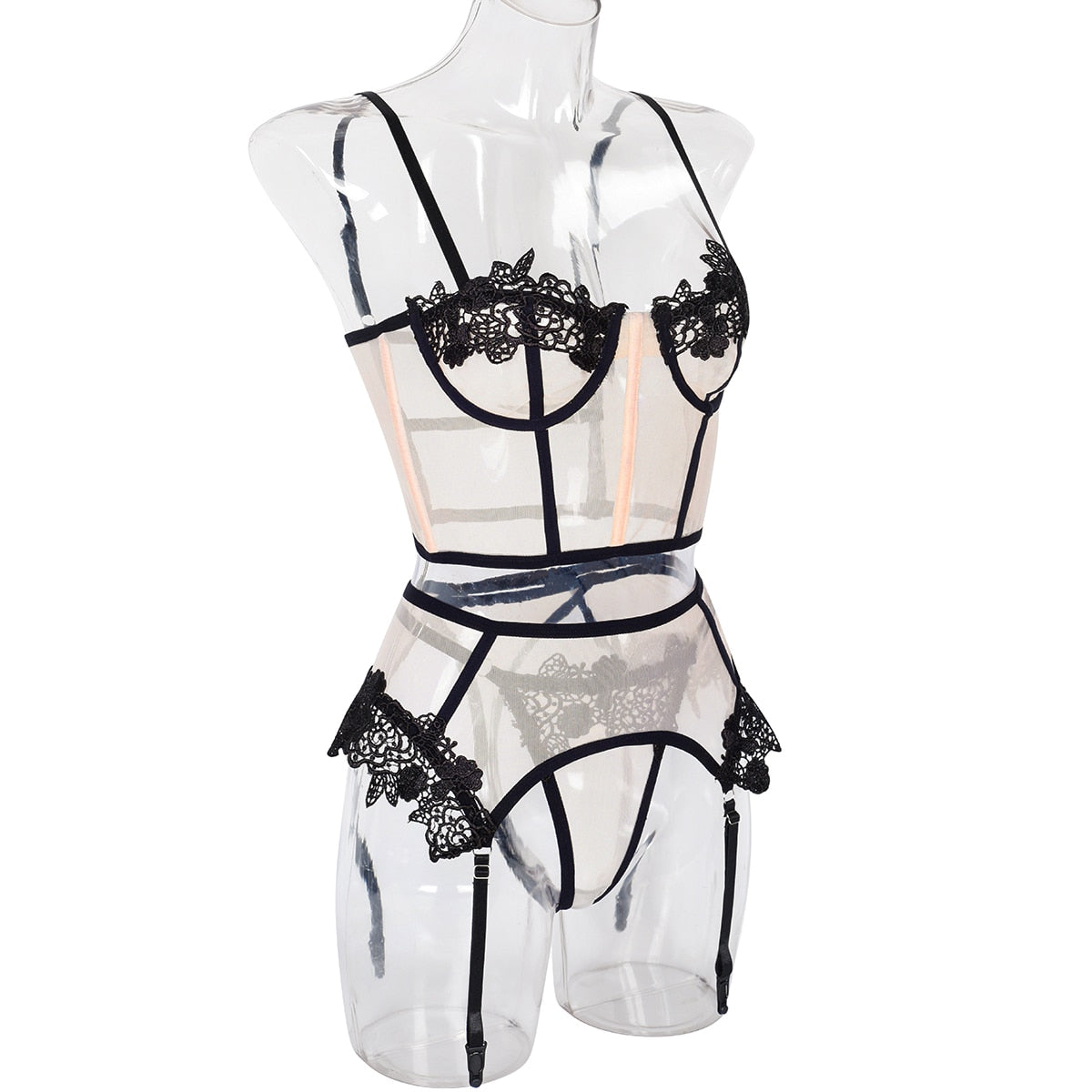 Lingerie Thong Panties Female Underwear Sets Patchwork Lace 3-Piece Transparent Bra Brief Costume Outfits Set The Clothing Company Sydney