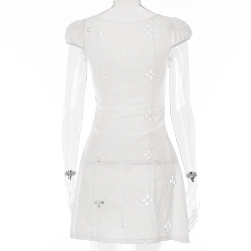 Square Neck Black White Mini Summer High Waist Short Sleeve Beachwear Bodycon Hollow Out Sundress Dress The Clothing Company Sydney