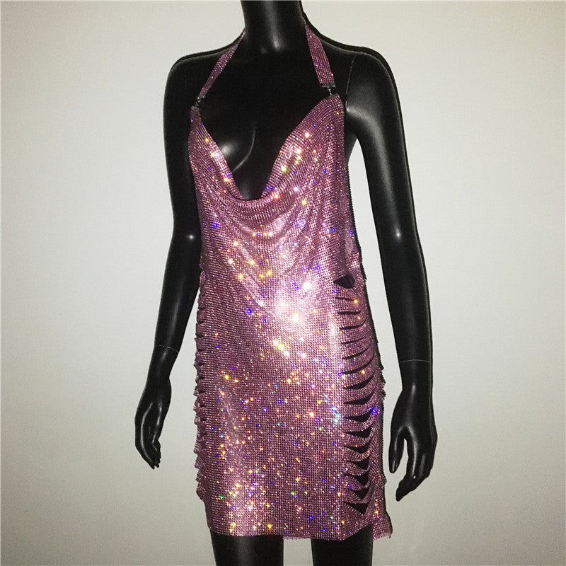 Gold Silver Rhinestone Tassel Chain Dress Women Hip High Split Luxury Party Halter Beach Nightclub Dress The Clothing Company Sydney