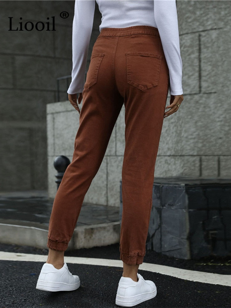 Women's Streetwear Cotton Elastic Waist Brown Jean Pants Women Denim Trousers With Pockets Spring Stretch Jeans The Clothing Company Sydney